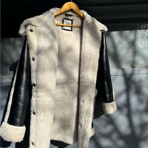 Abercrombie & Fitch Cream Faux Shearling Coat with Black Sleeves